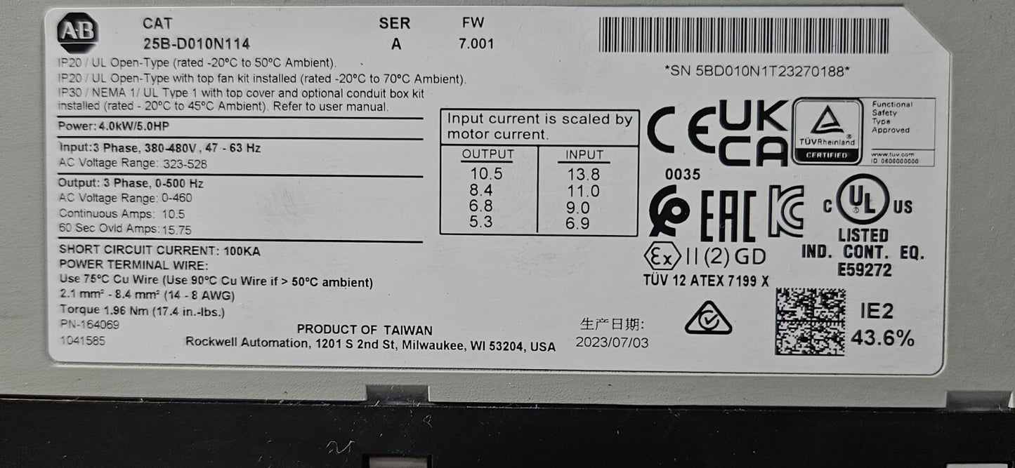 Allen-Bradley 25B-D010N114 SerA PowerFlex 523 4kW (5Hp) AC Drive        (BIN642)