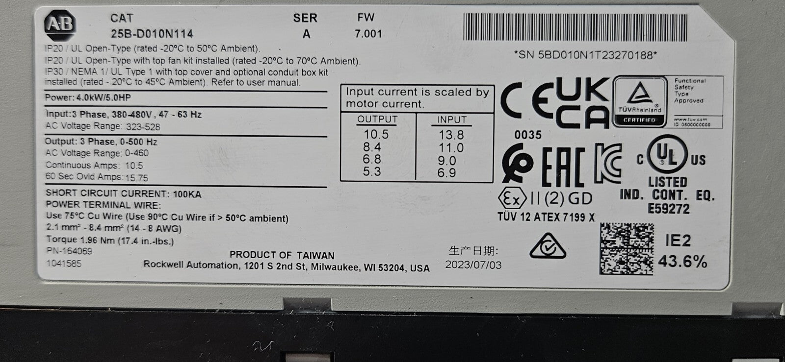 Allen-Bradley 25B-D010N114 SerA PowerFlex 523 4kW (5Hp) AC Drive        (BIN642)