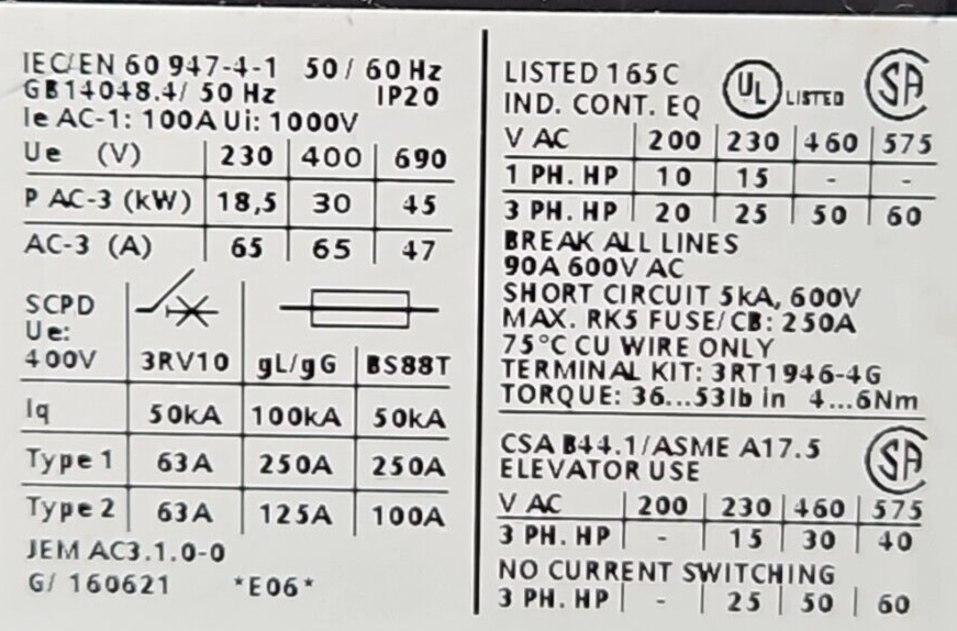 Siemens 3RT1044-1AK60 AC Contactor 120V coil replace (BIN4.4.5)
