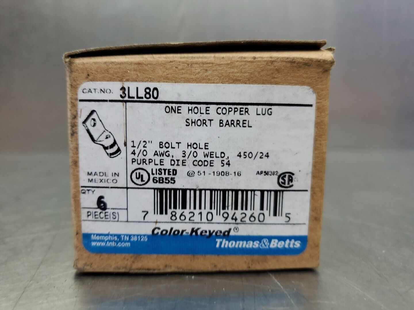 THOMAS & BETTS 3LL80 Comp. Connector, Purple, 1/2" Bolt Hole, Lot of 6.    4C-38