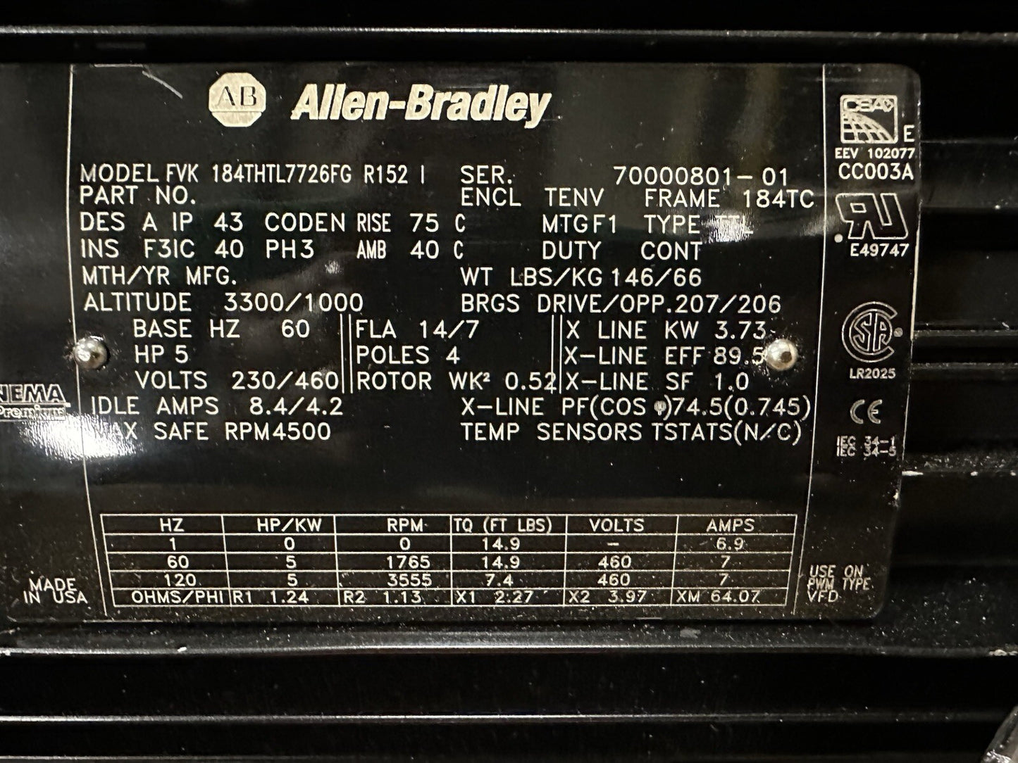 New Allen Bradley Marathon Motors 184Thty7726 Vector Motor,5 Hp. (BIN-7.5.3. )￼