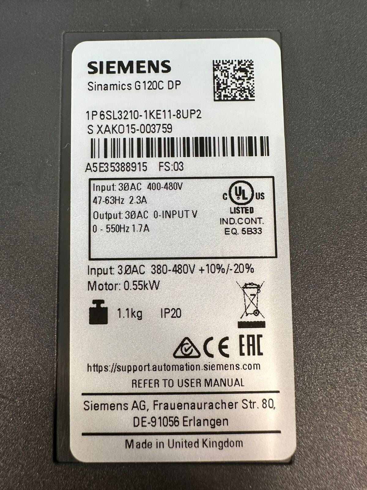 Siemens 6SL3210-1KE11-8UP2 Sinamics G120C-DP A5E35388915 FS:03  (4.3.4)