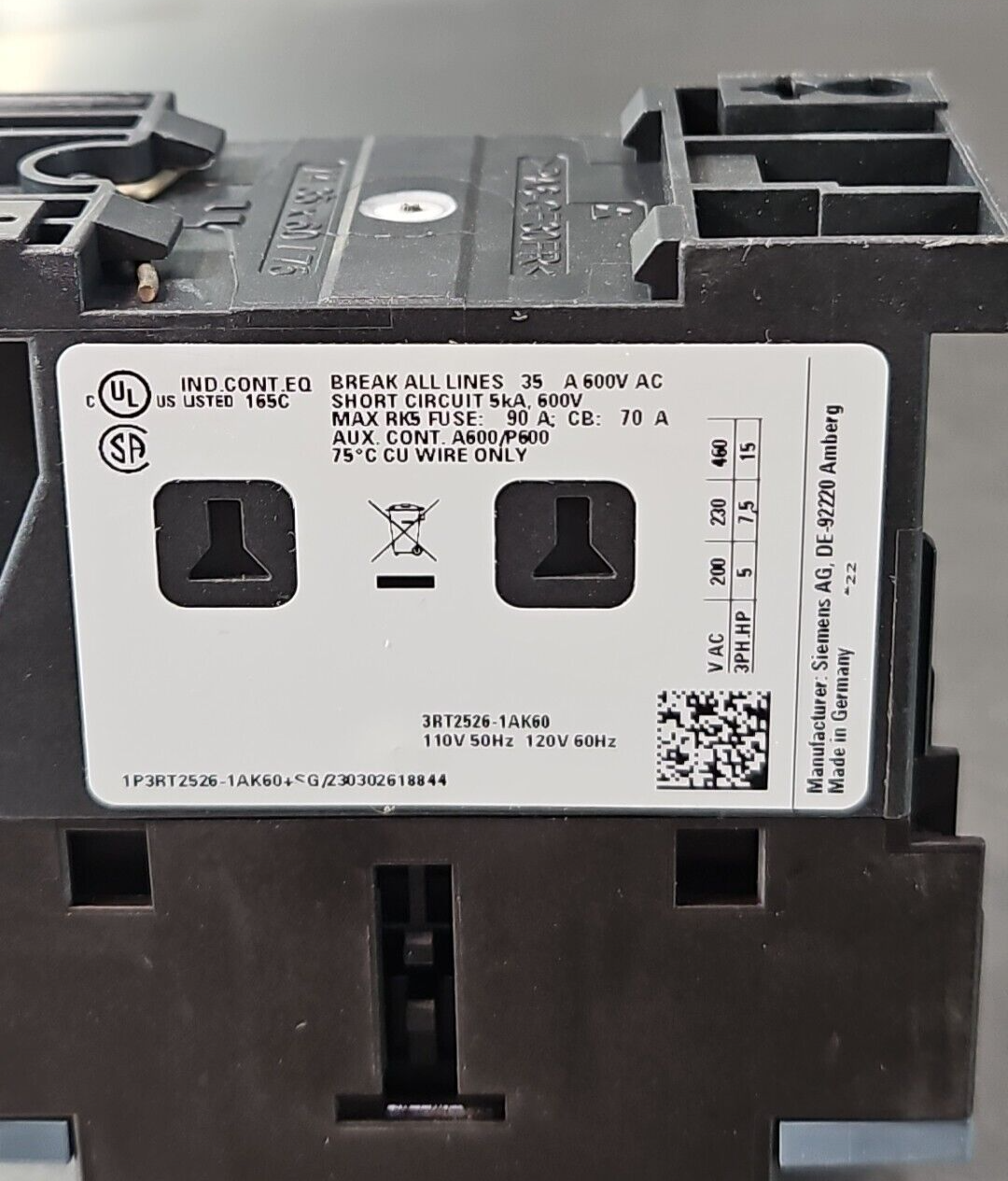 Siemens 3RT25261AK60 4Pole Contactor 25A 11kW 120Vdc Coil               (BIN412)