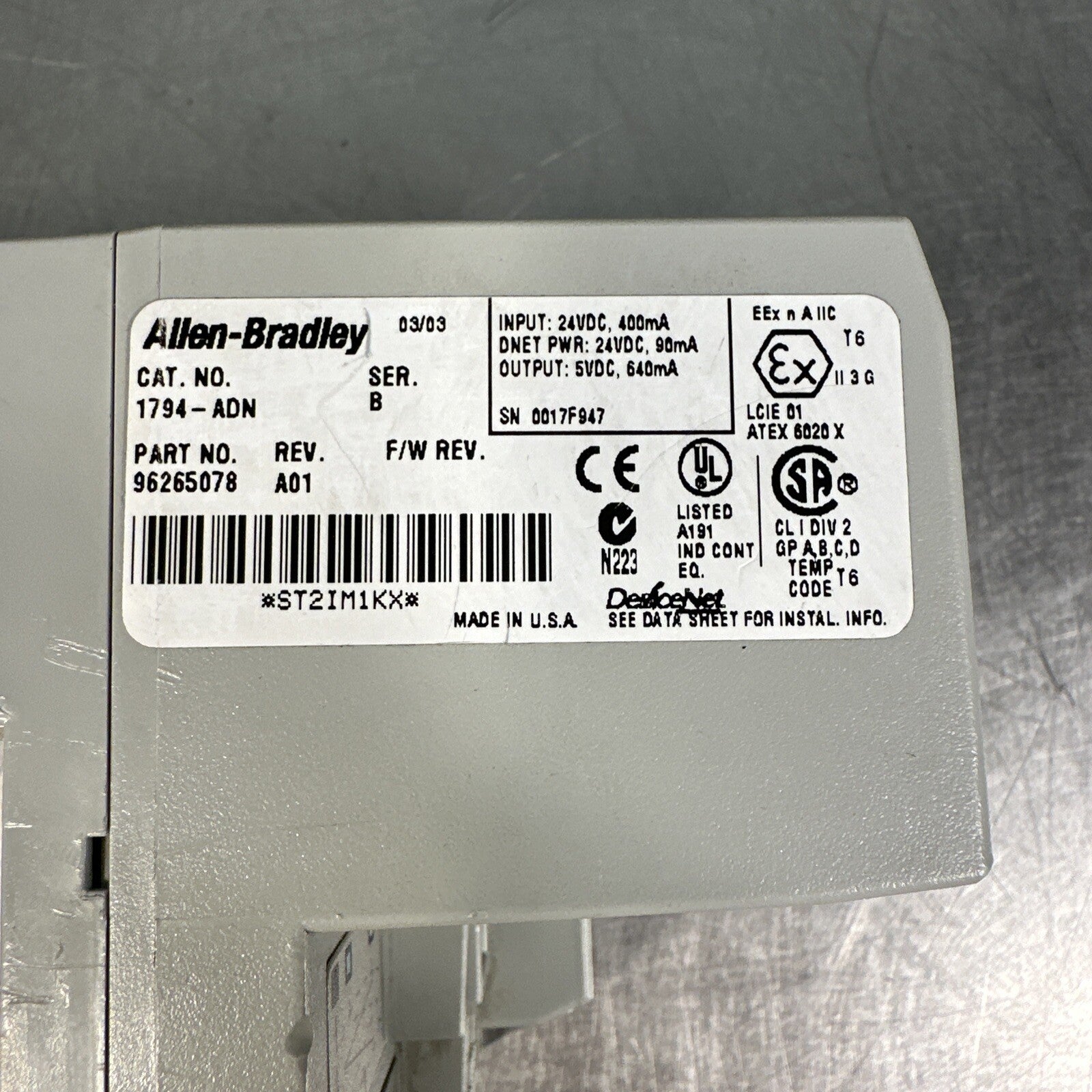 Allen Bradley 1794-ADN Series B DeviceNet Adaptor 1794ADN (BIN-1.3.4)