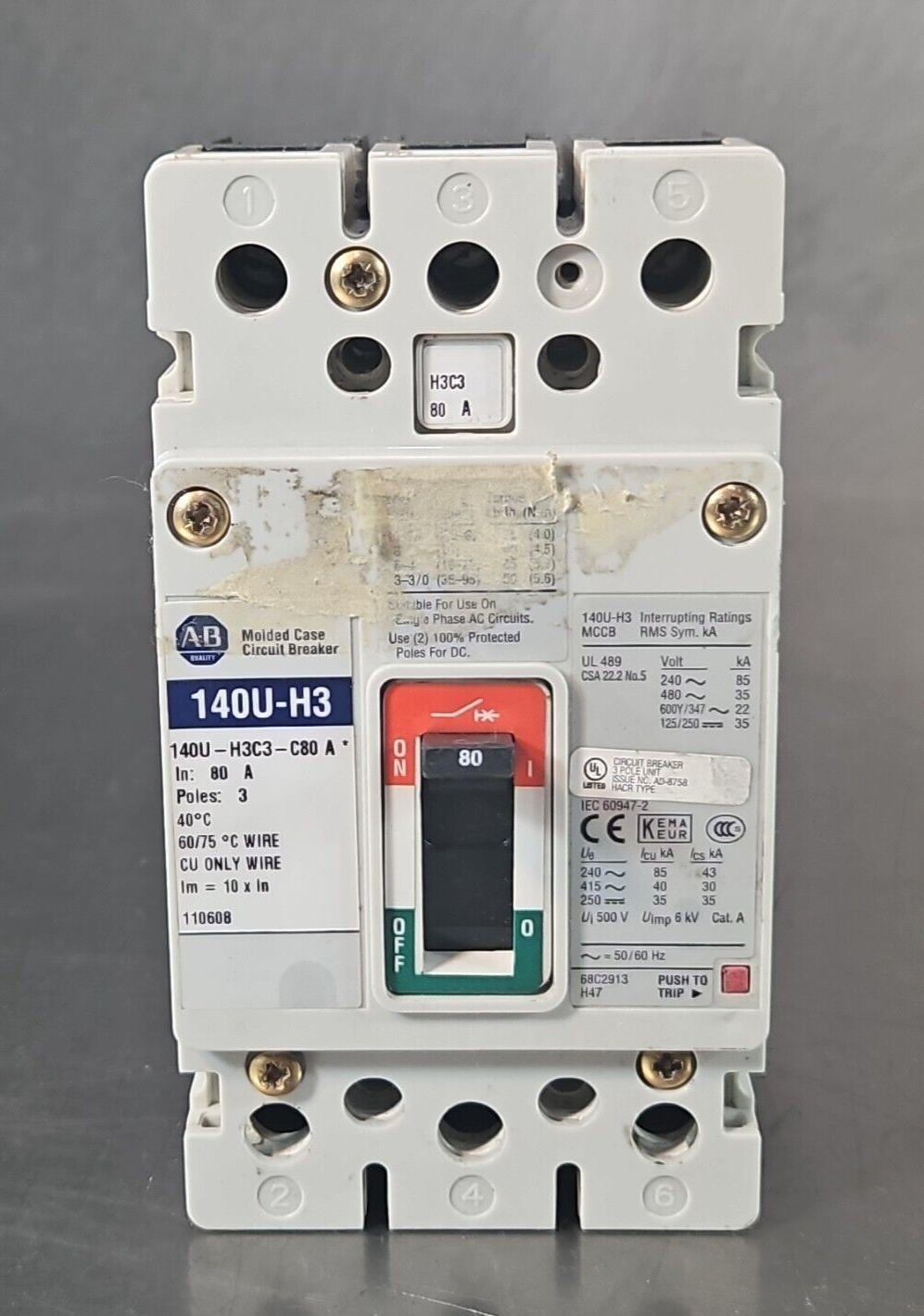 Allen Bradley 140U-H3C3-C80 Circuit Breaker 80A 3 Pole 3Ph 600V         (BIN645)