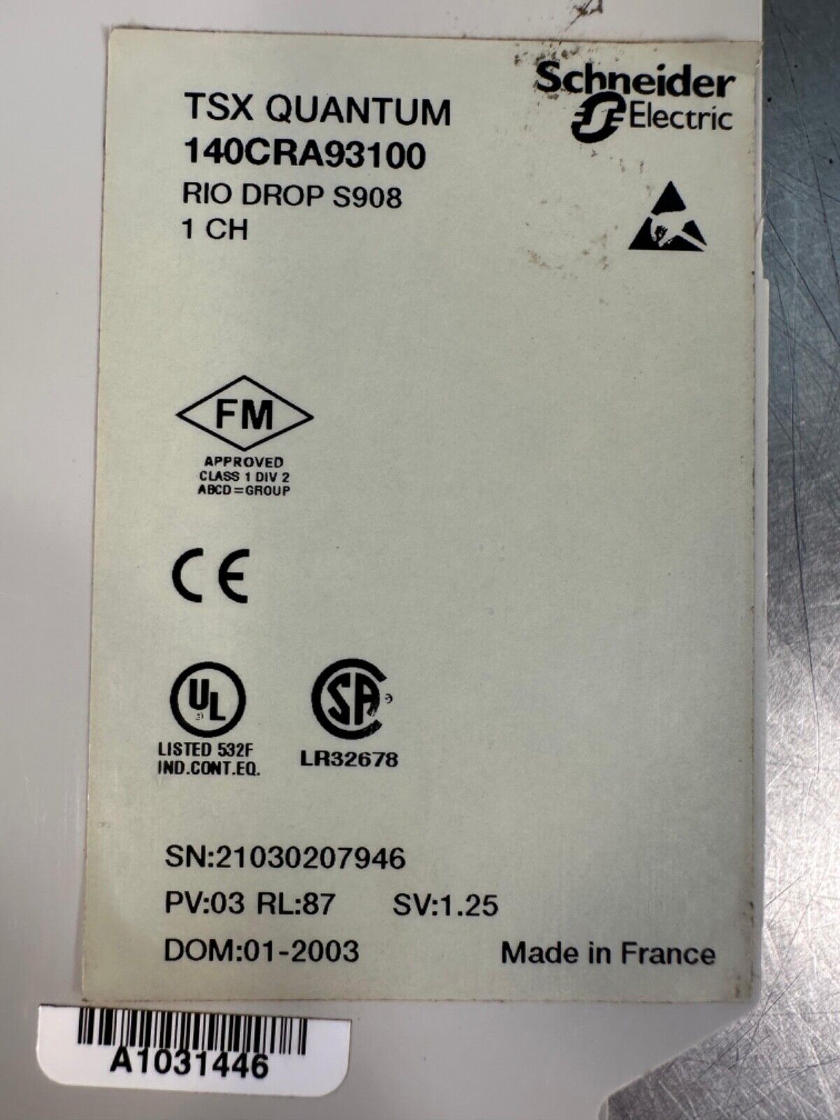 Schneider  Electric Tsx Quantum 140CRA93100 1Ch. / 140CRA93100 (3D-38)
