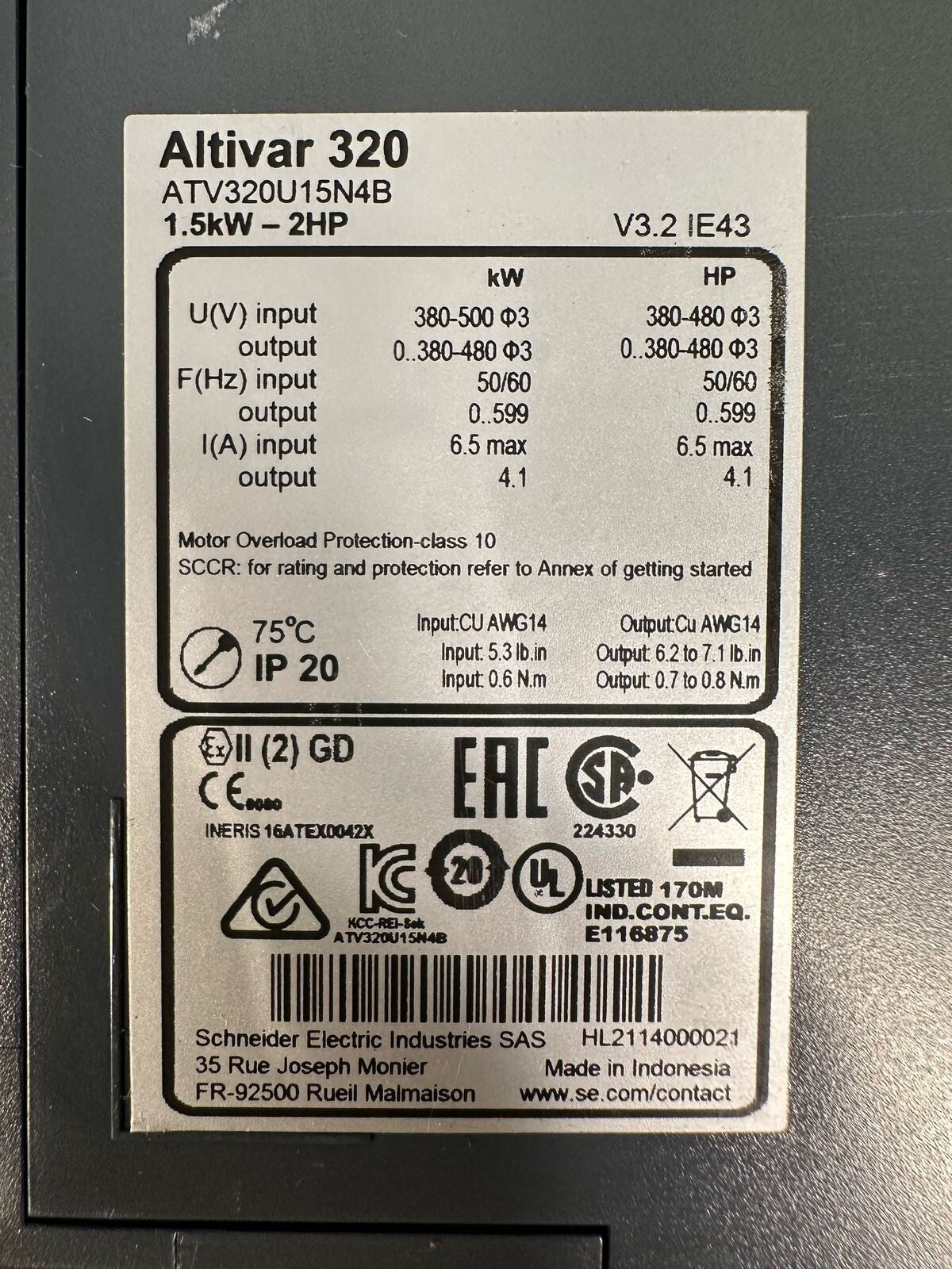 Schneider ATV320U15N4B Freq. Conv. Ac Speed Drive Altivar 320 (6.4.1)