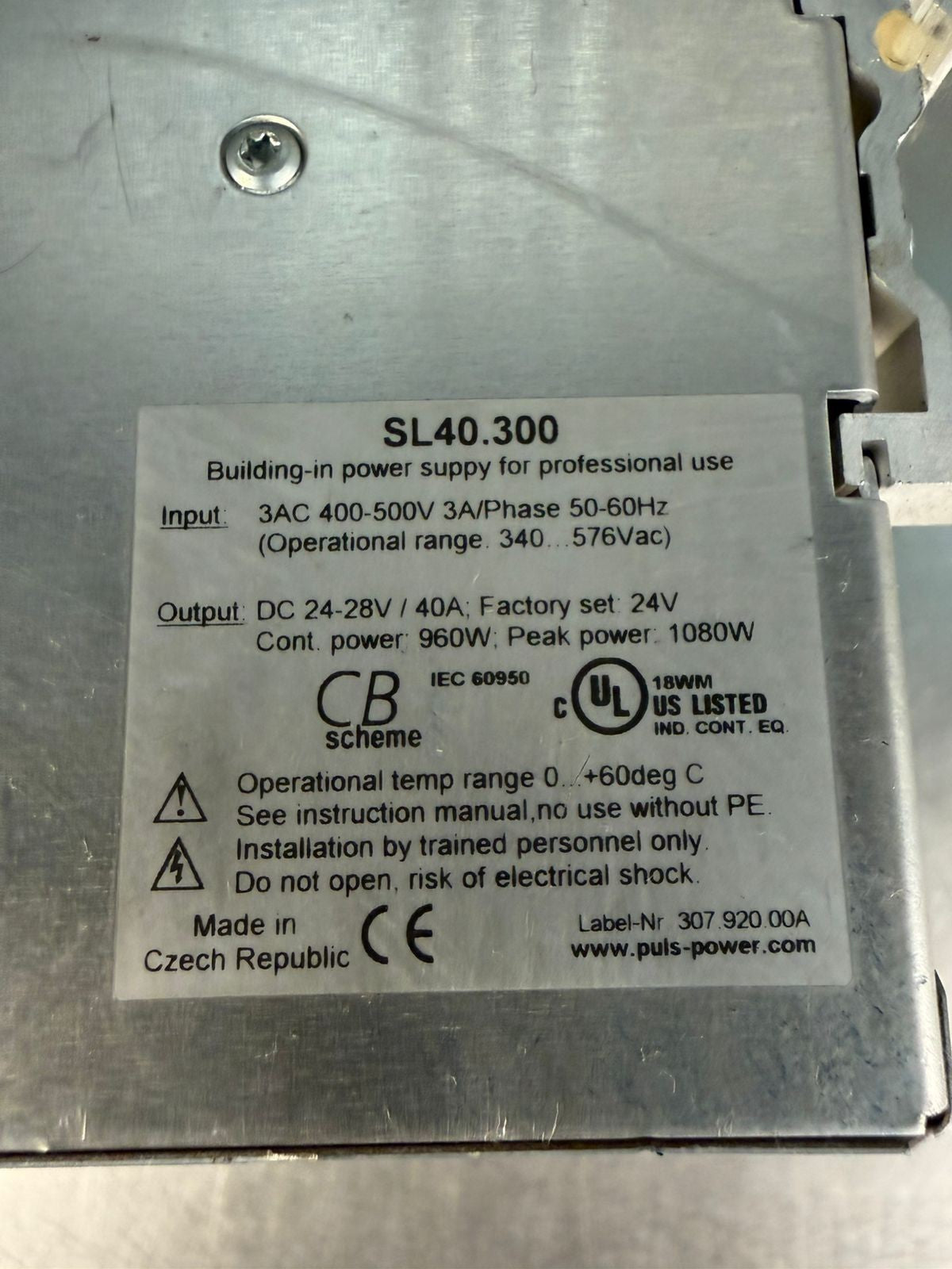 Puls SL40.300 SL40 Power Supply 3Ac 400-500V 3A/Ph 50-60Hz         (4.6.1)