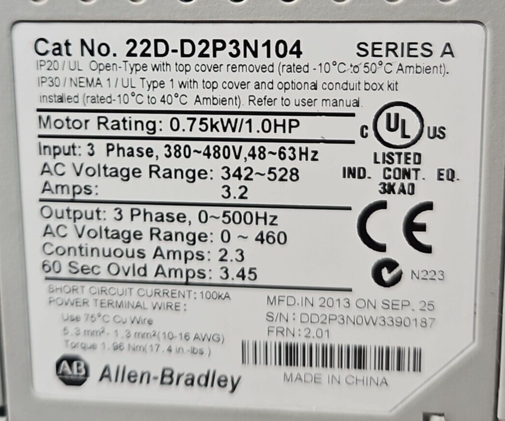 Allen Bradley 22D-D2P3N104 Serie A PowerFlex 40  0.75 KW (1 HP)         (BIN545)