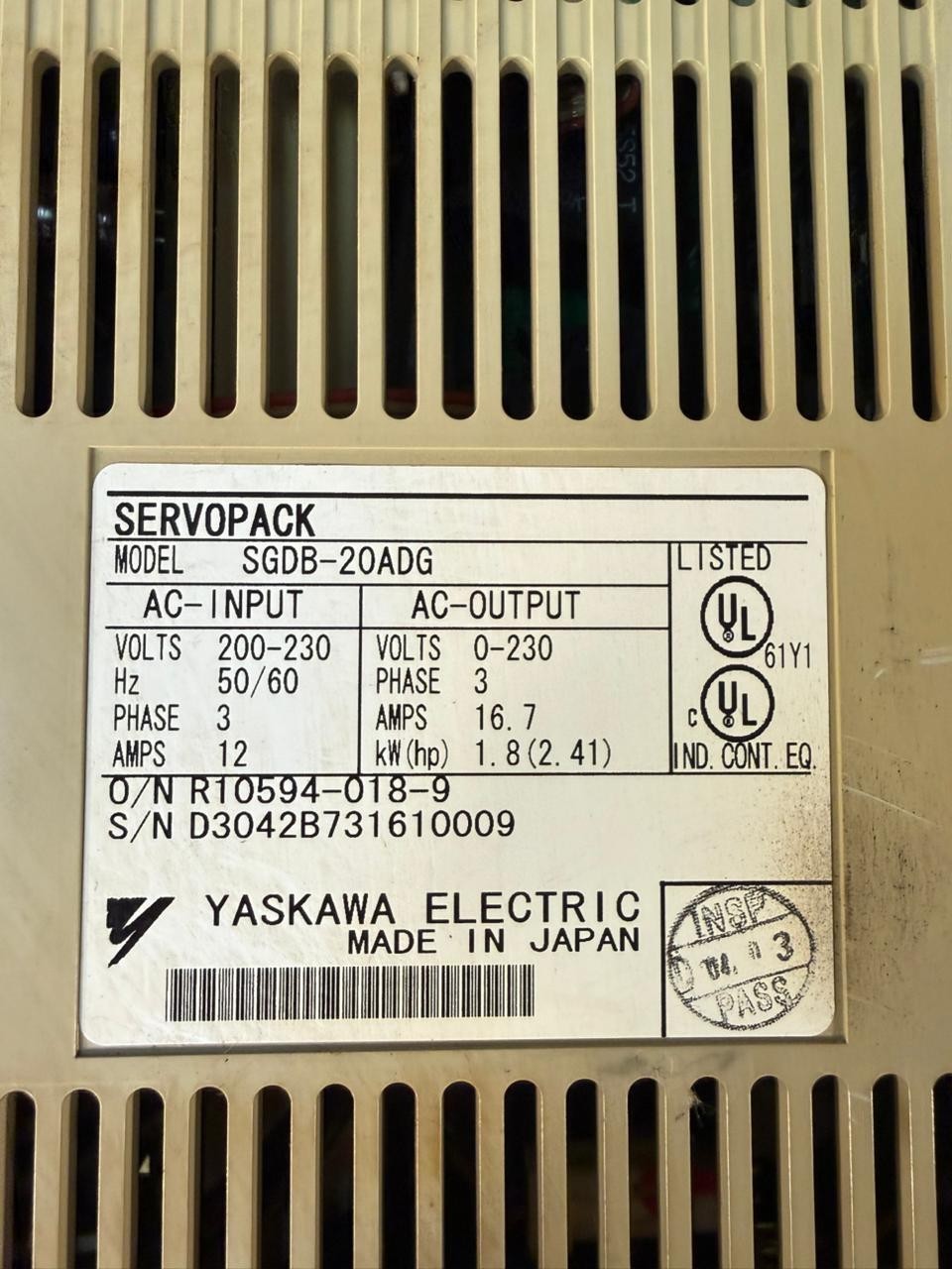 Yaskawa Servopack SGDB-20ADG IN 200-230V 3PH 12A OUT 0-230V        (1.4.1)