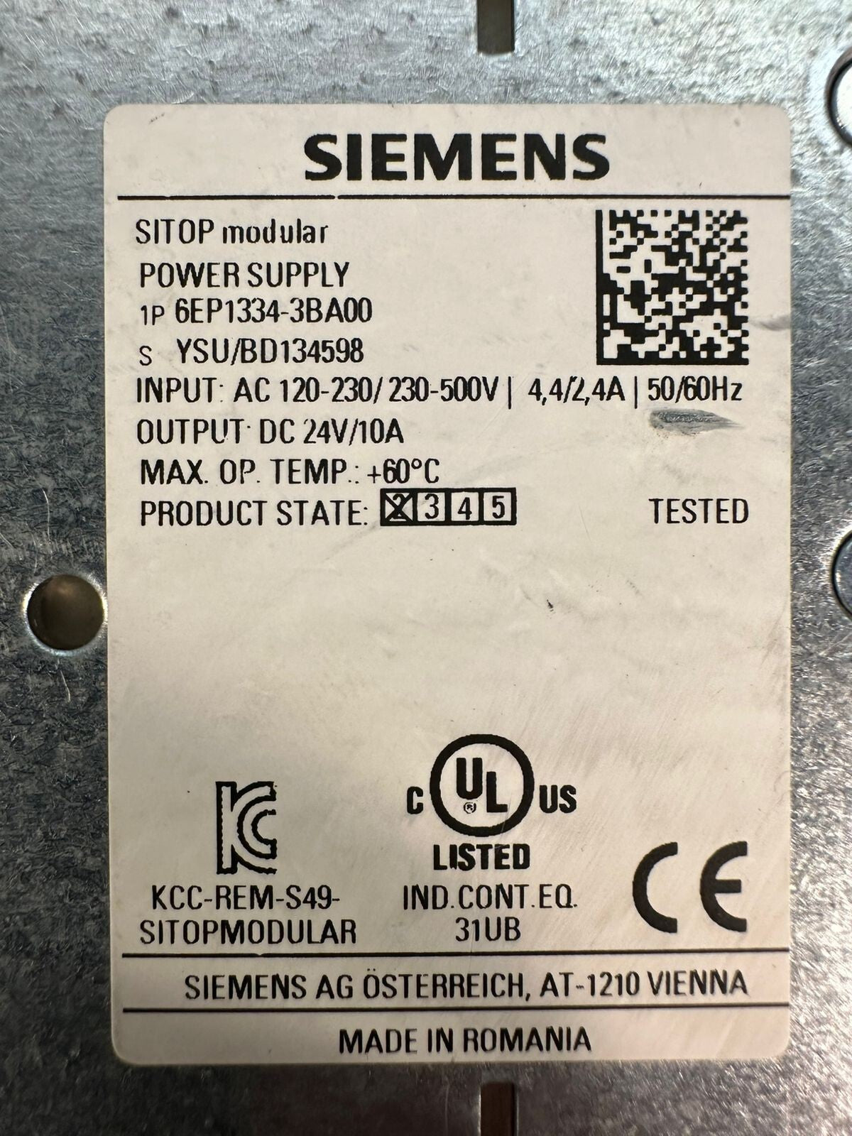 Siemens 6EP1334-3BA00 Modular Power Supply DC 24V  50/60 Hz        (6.3.2)