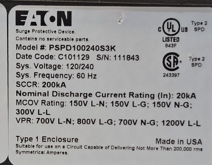 Eaton PSPD100240S3K TVSS surge suppressor 120/240V 60hz  (BIN2.4.5)