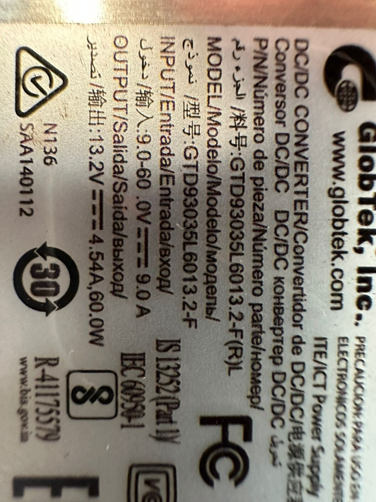 GlobTek Ruggedize GTD93035L6013.2-F DC/DC Converter 9-60VDC        (4.5.1)