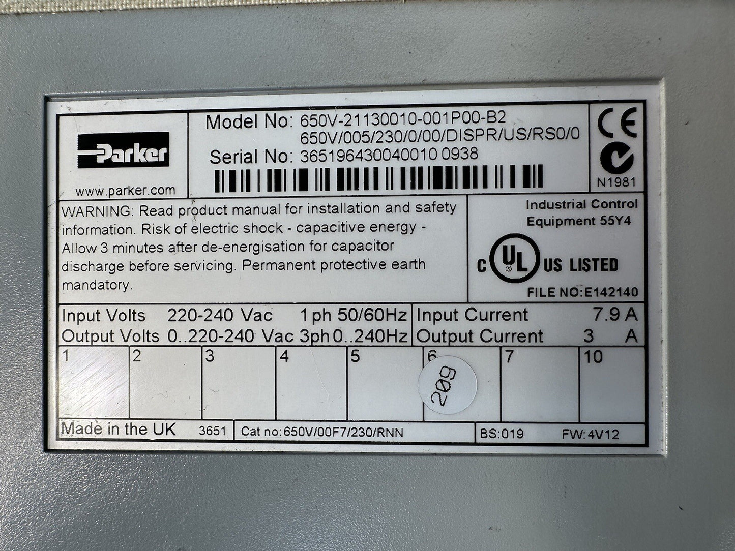 PARKER AC DRIVE 650 Series 650V-21130010-001P00-B2  (BIN-1.5.5)
