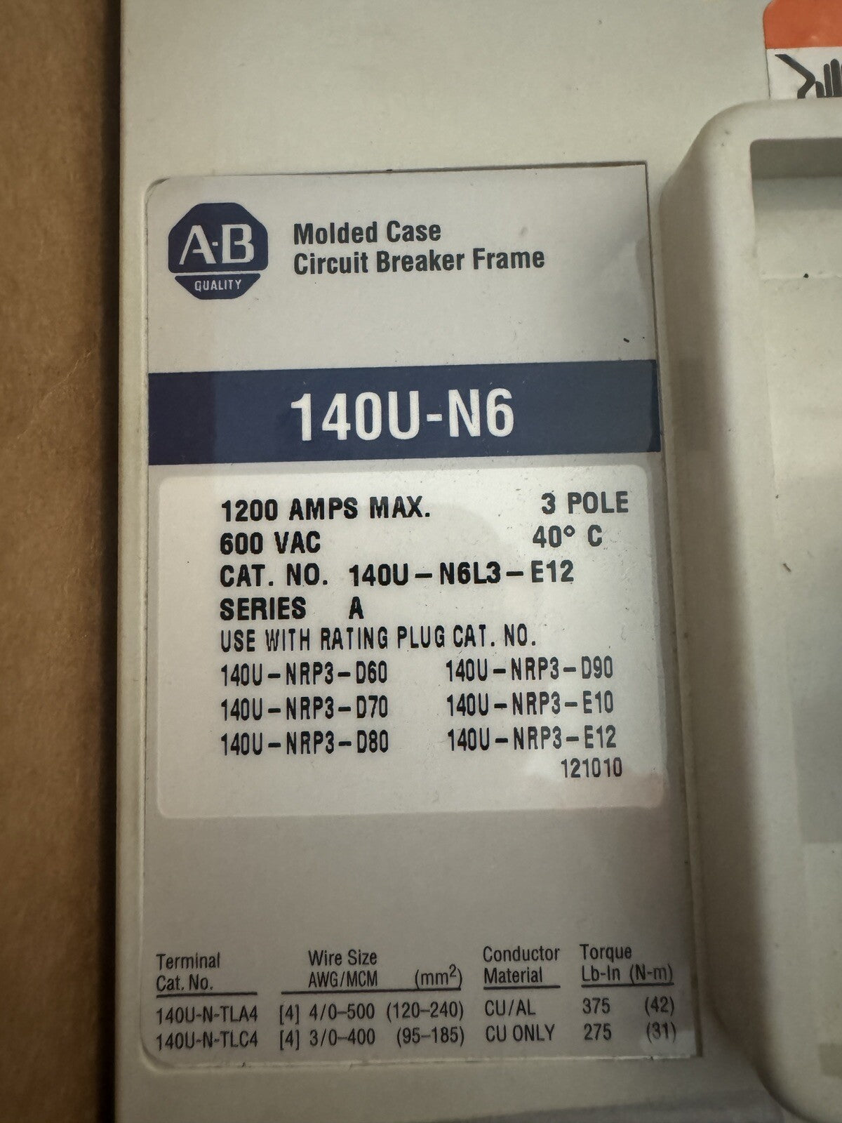 ALLEN BRADLEY 140U-N6L3-E12 / 140UN6L3E12 + 140U-NRP3-E12 Rate Plug  (BIN1.2.3)