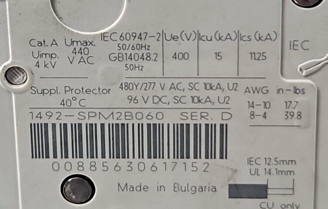 Allen Bradley 1492-SPM2B060 Ser. D Mini Circ. Breaker Din Rail Mount loc4D3