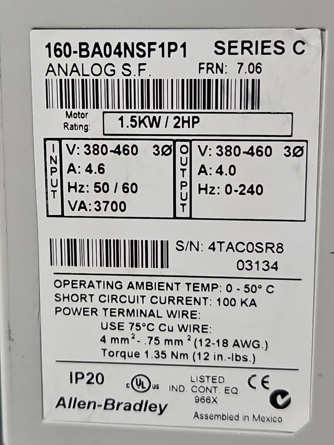 Allen Bradley 160-BA04NSF1P1 Ser C Variable Speed Drive       (BIN344)