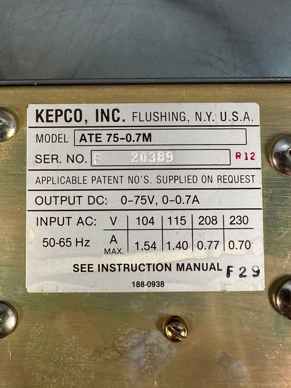 Kepco ATE75-0.7M Power Supply Linear 0-75V, 0-0.7A  ATE 75-0.7M   (12.4.7)
