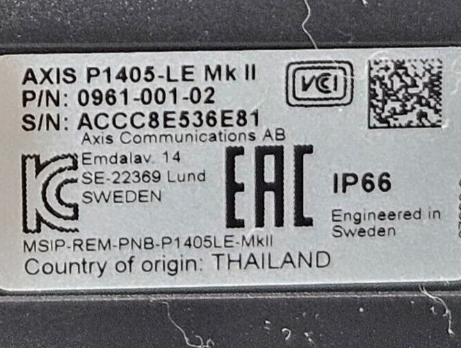 AXIS P1405-LE MkII Communications Network Camera Operation confirmed.   (BIN754)
