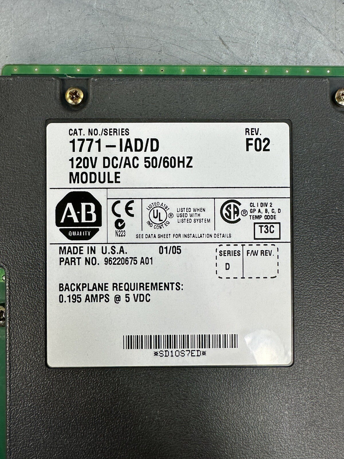 Allen Bradley 1771-IAD/D 120V AC/DC Input Module Rev (BIN-1.2.3)