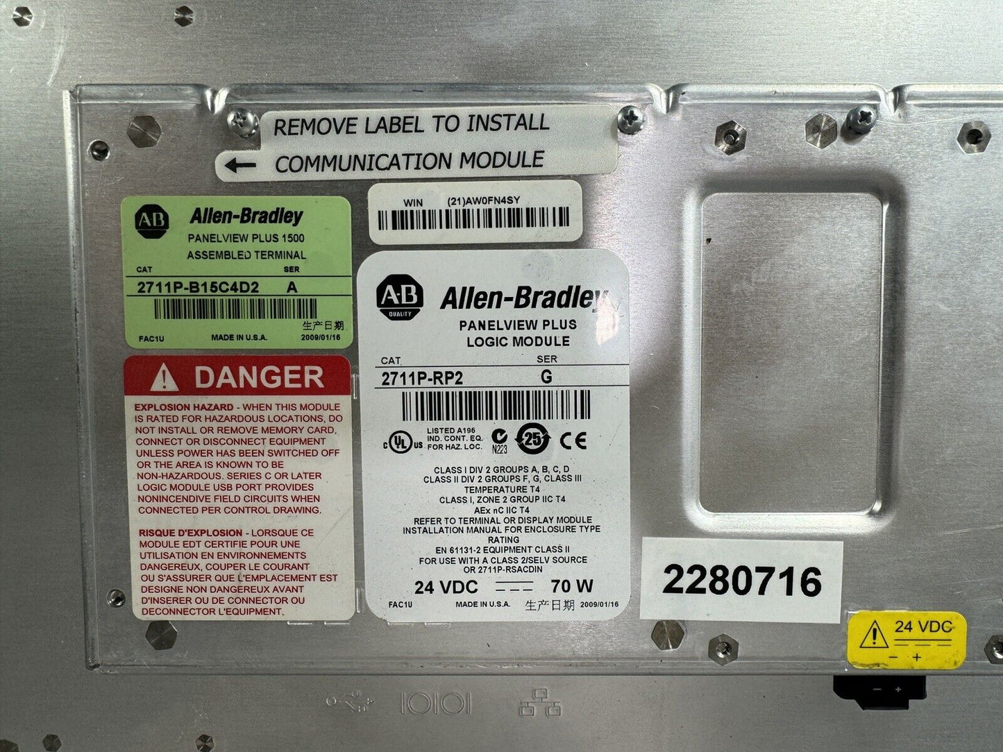 Allen-Bradley 2711P-B15C4D2 Panelview Plus 1500 w/ 2711P-RP2 Logic Module @2.5.5