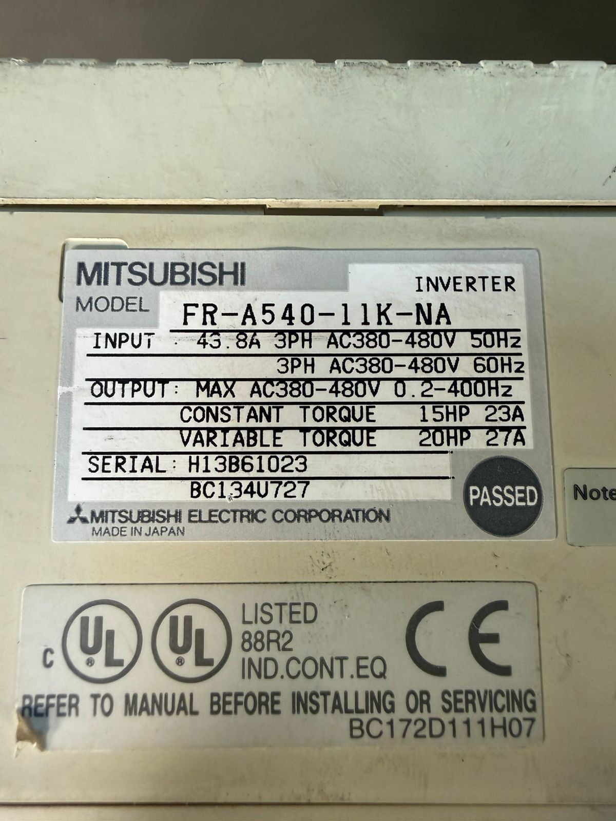 Mitsubishi FR-A540-11K-NA Inverter 380-480vac 0.2-400hz 380-480vac (7.6.3)