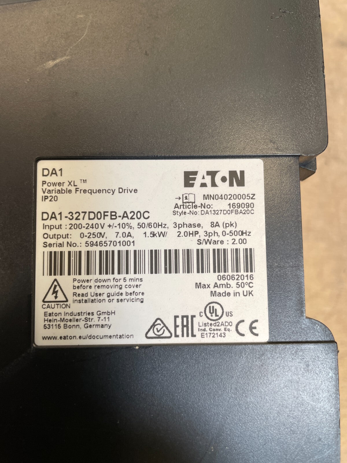 Eaton DA1-327D0FB-A20C White 240V Three Phase Elec. Vari  Frequency DriveBIN 345
