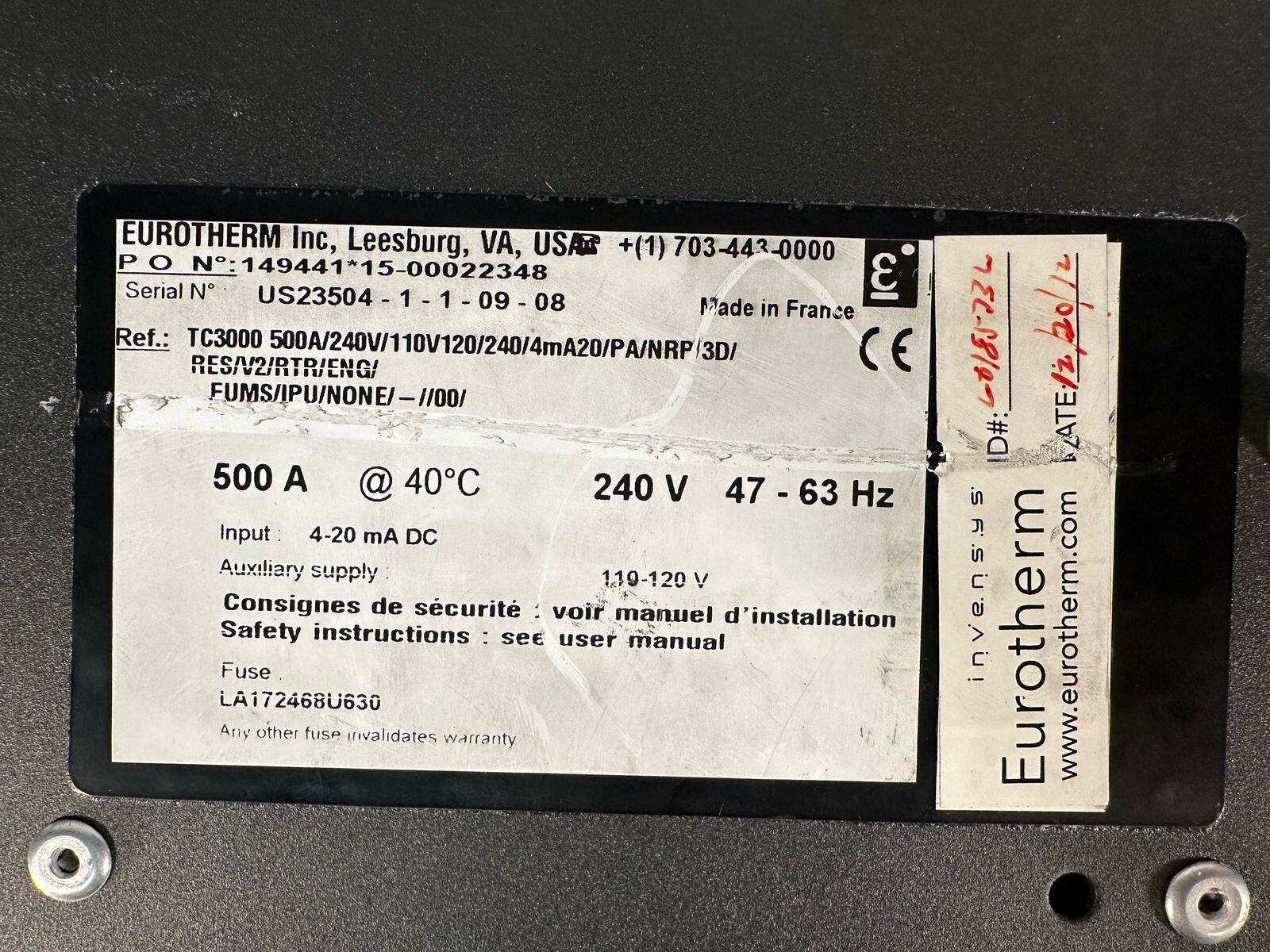 Eurotherm TC3000 Power Control Drive 500A 4-20mA DC 240V 47-63Hz (8.5.7)