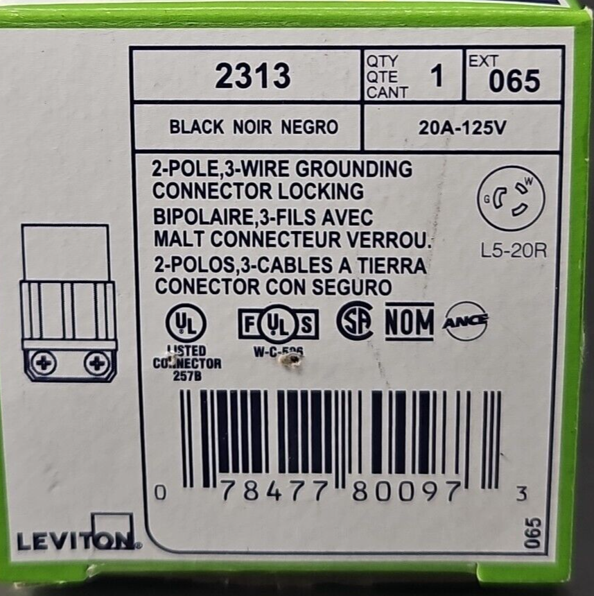 Leviton 2313 Connector 2 Pole 3 Wire  20A 125V L5-20R (LOT OF 2)         loc4A12