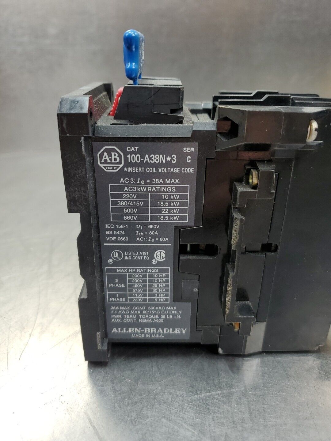 ALLEN BRADLEY 100-A38N*3 Ser C CONTACTOR, w/ 195-FA11.                     4D-34