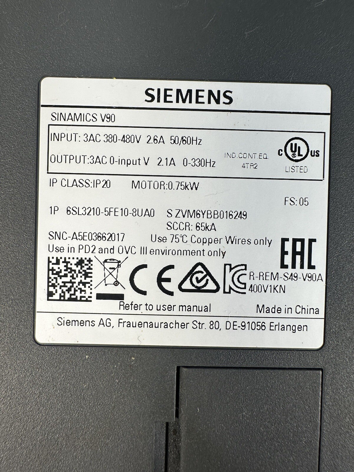 SIEMENS SINAMICS V90 6SL3210-5FE10-8UA0 (BIN-1.2.4)
