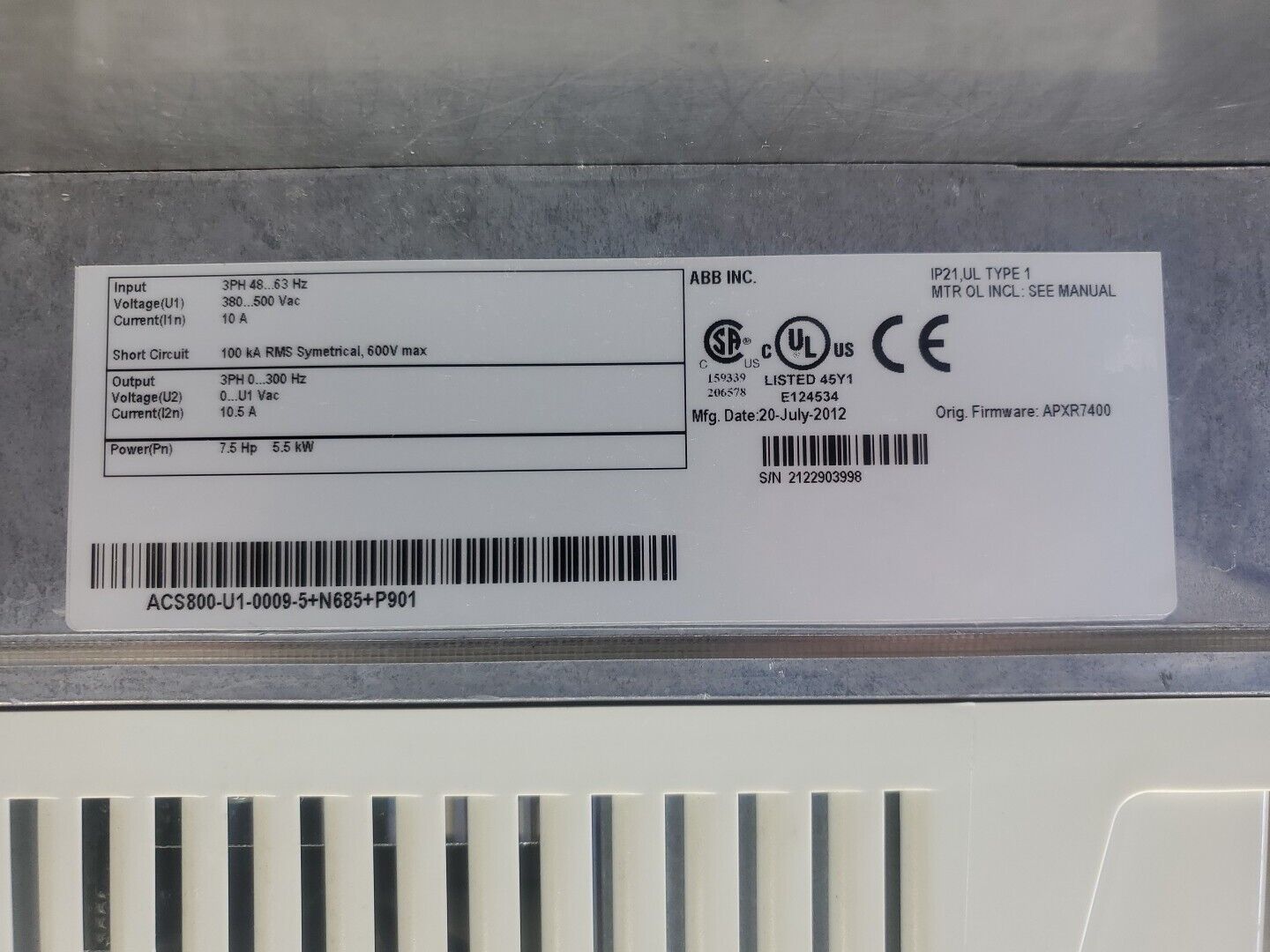 ABB ACS800-U1-0009-5+N685+P901 Drive, 7.5HP 10A 3PH.                     1D-15.1