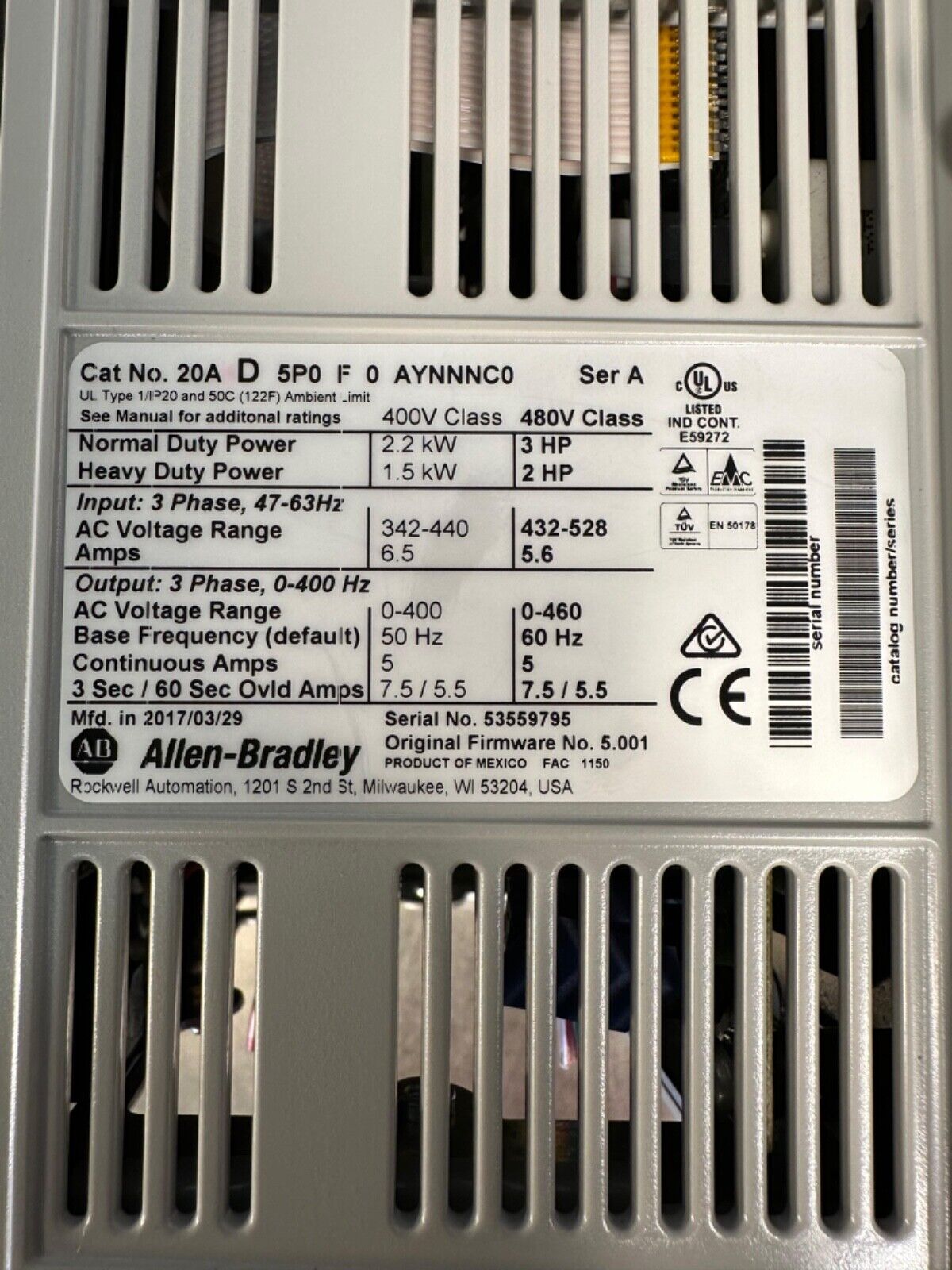 Allen-Bradley PowerFlex 70 20AD5P0F0AYNNNC0 Ser. A 2.2kW/3HP 480V(1A-28)