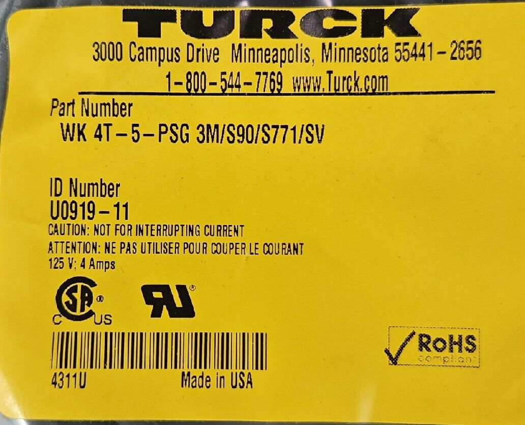 TURCK WK 4T-5-PSG 3M/S90/S771/SV PLC Cable                                  5A-7