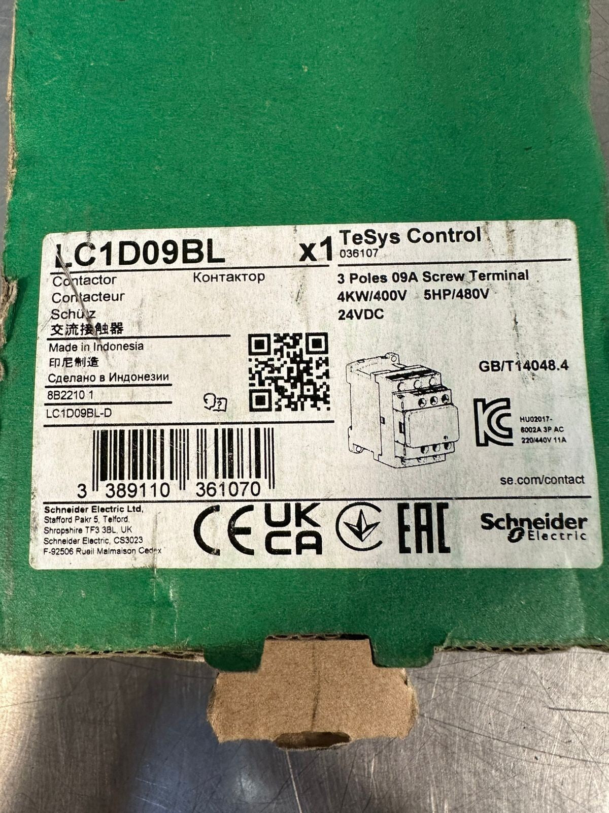 Schneider LC1D09BL 24VDC Contactor 3poles 09A 4KW/400V 5HP/480V (1.1.1)