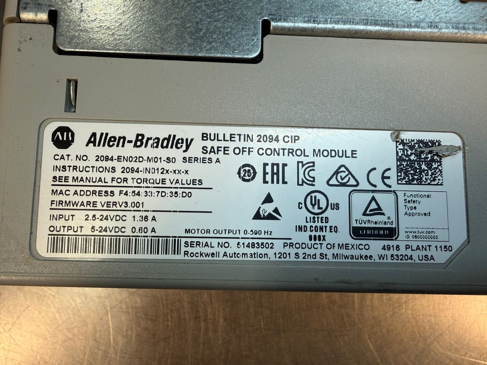 Allen Bradley 2094-BM03-M /A Axis Power Mod  w/ 2094-EN02D-M01 /A (12.3.7)