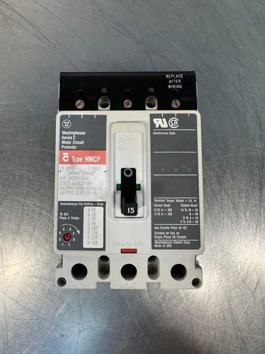 Westinghouse HMCP015E0C Bolt-On Circuit Breaker 15A 600V 3P  (4B-27)