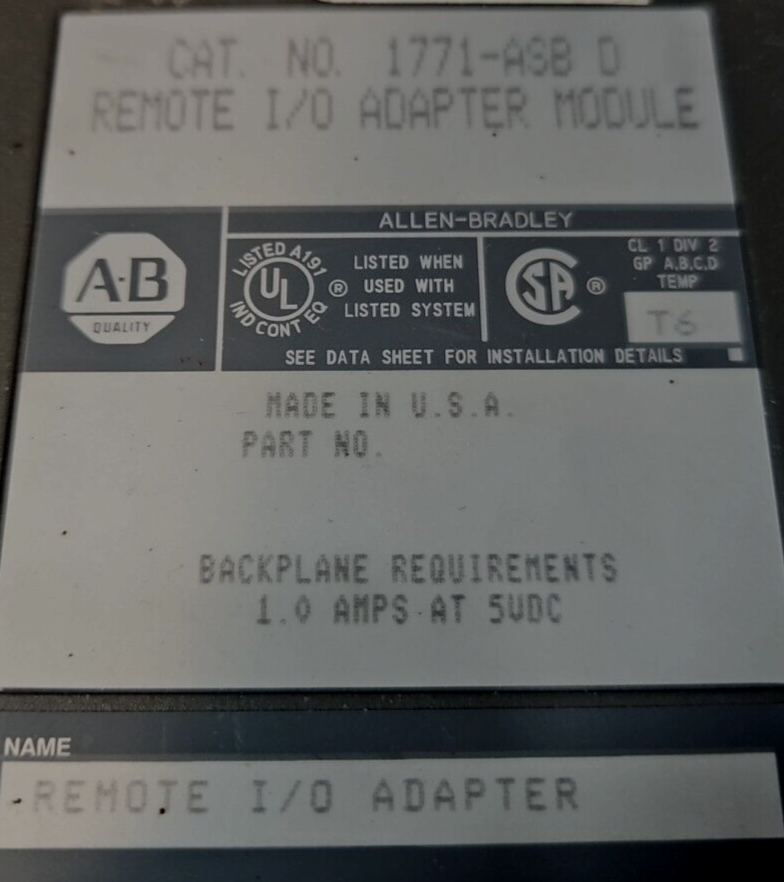 Allen Bradley 1771-ASB D Remote I/0 Adapter  Module                      loc3D32