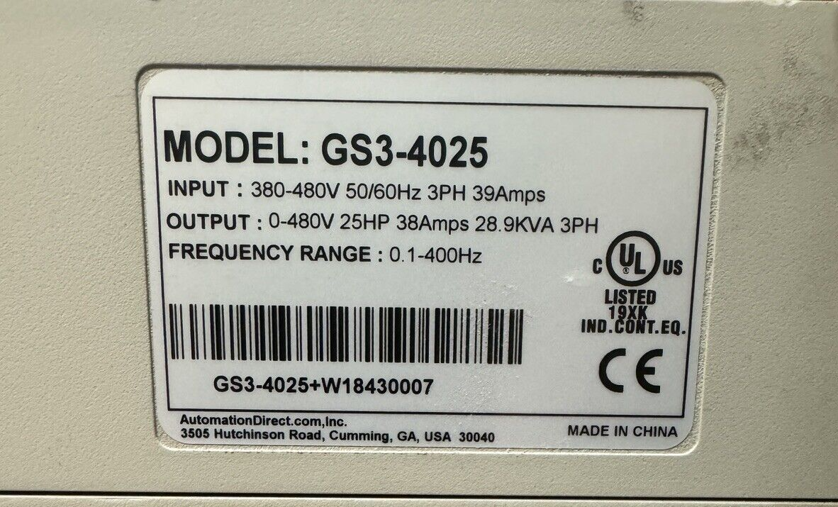 Automation Direct GS3-4025+W18430007  3PH 39 Amp. 480V 25 HP (BIN2.2.4)