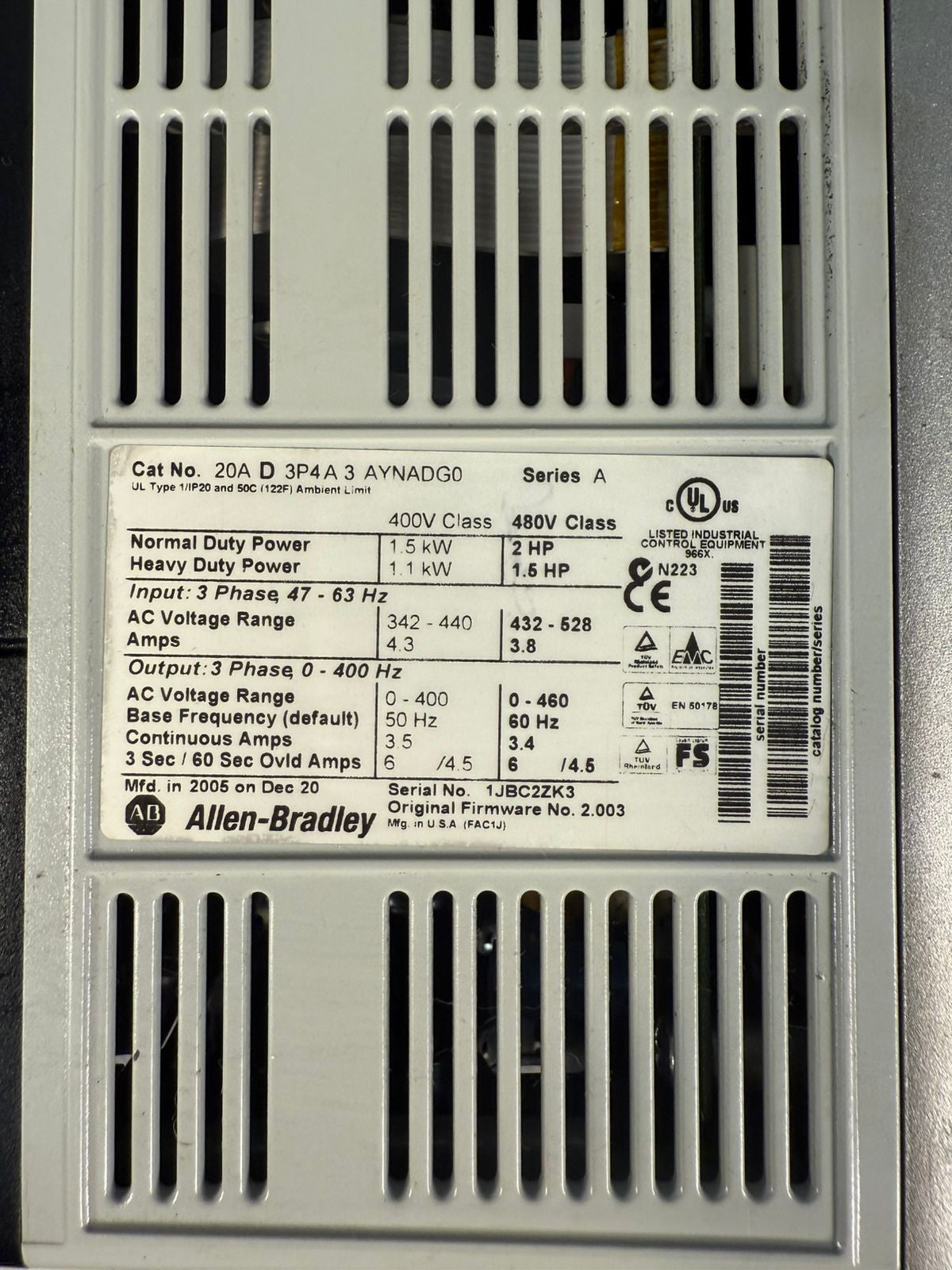 Allen Bradley 20A-D-3P4-A-3-AYNADG0 /A   20AD3P4A3AYNADG0        (3.2.5)