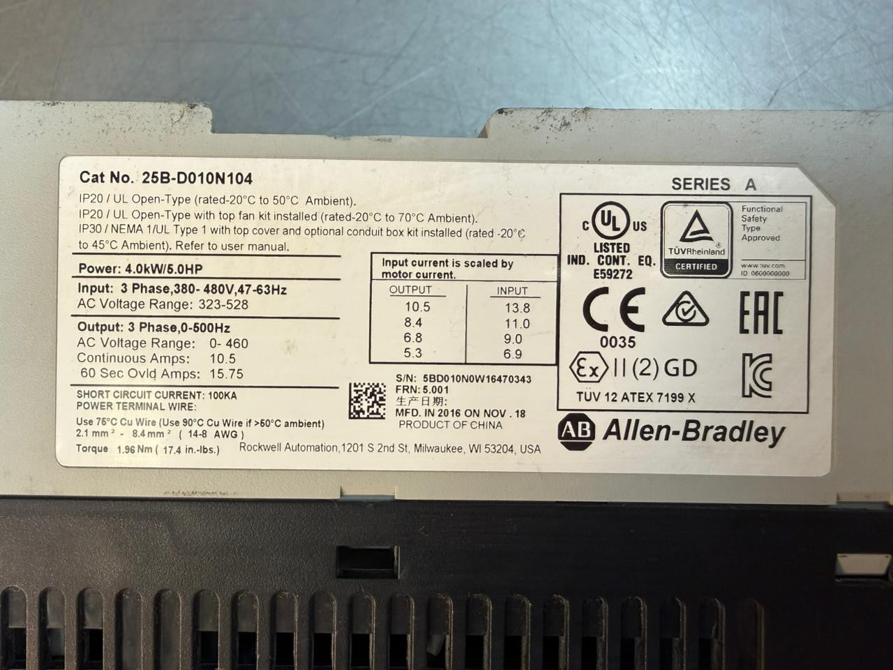 Allen Bradley Powerflex 525 25B-D010N104 /A  4.0kW 5.0HP           (8.4.4)