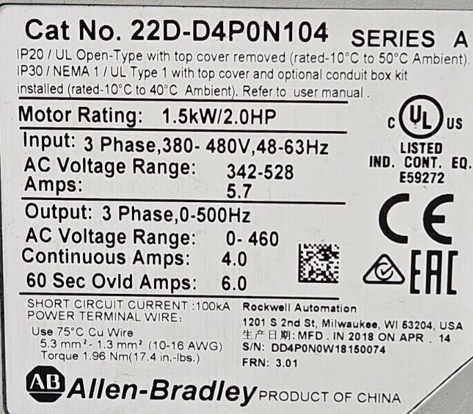 Allen Bradley 22D-D4P0N104 PowerFlex 40P 1.5KW 2HP AC Drive             (BIN743)