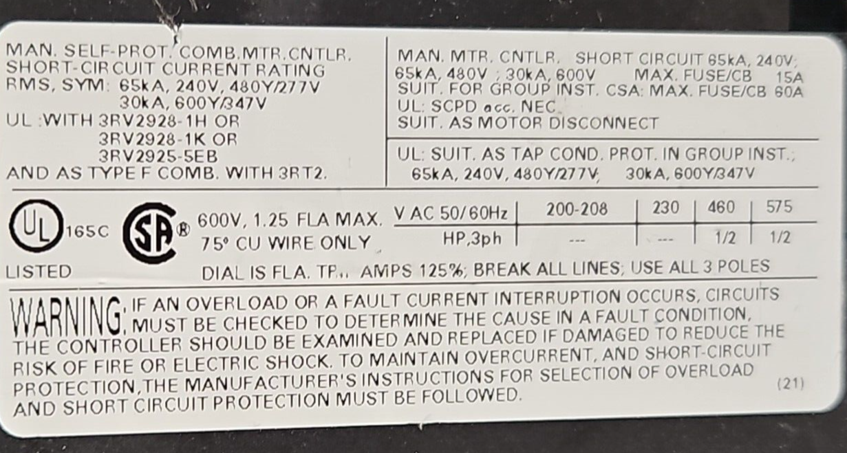 Siemens Sirius 3RV2011-0KA10 Motor Controller 3pole                      loc4A11