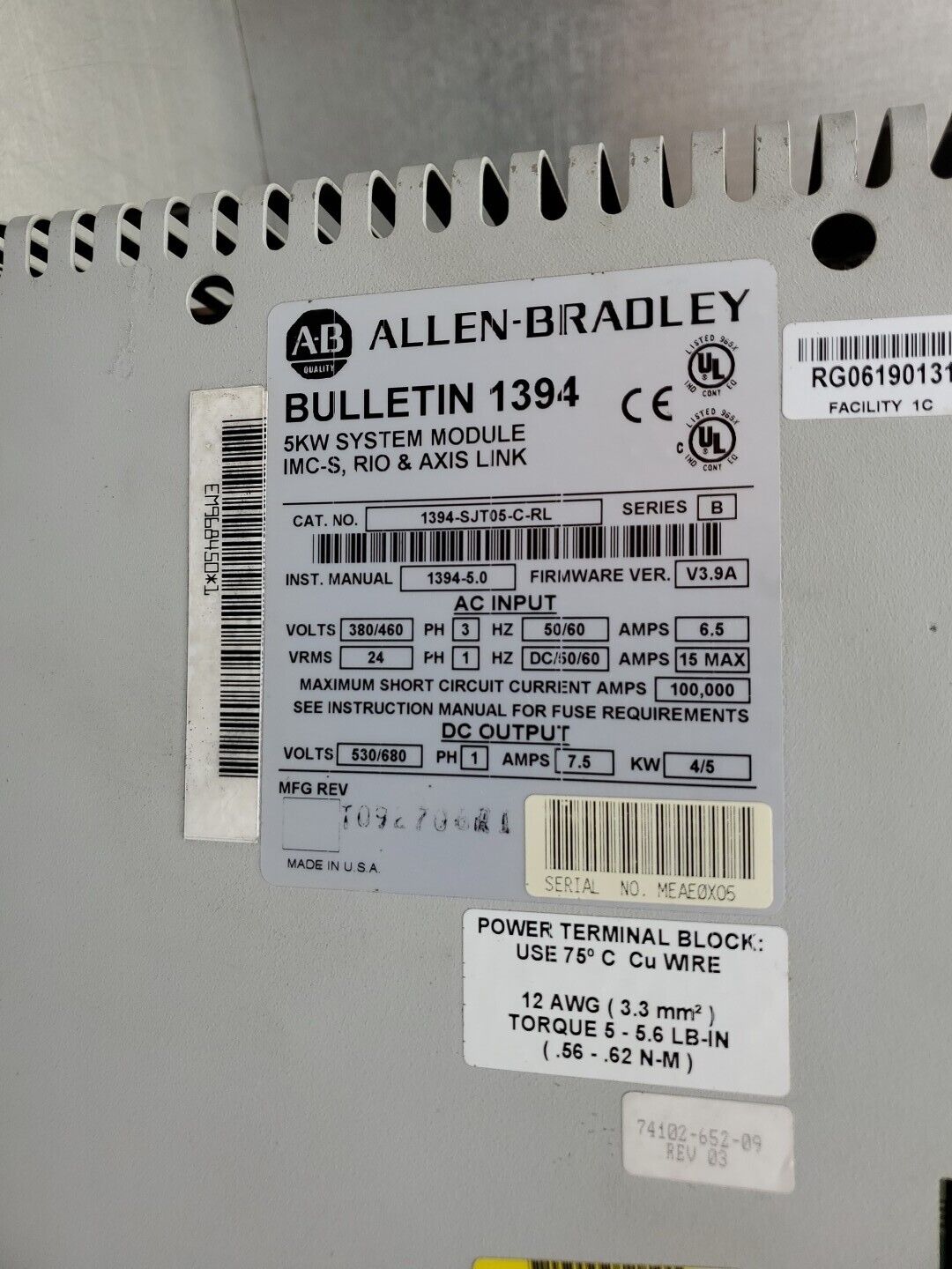 Allen-Bradley 1394-SJT05-C-RL Series B 5KW System Module, *USED*              1C