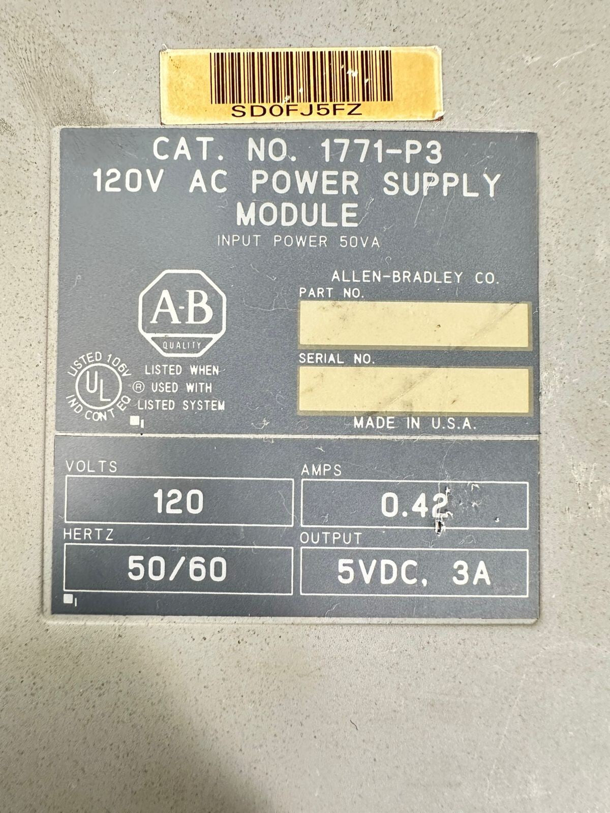 Allen Bradley 1771-P3 Power Supply Mod 120V 50/60Hz  0.42A 5 Vdc   (5.3.3)