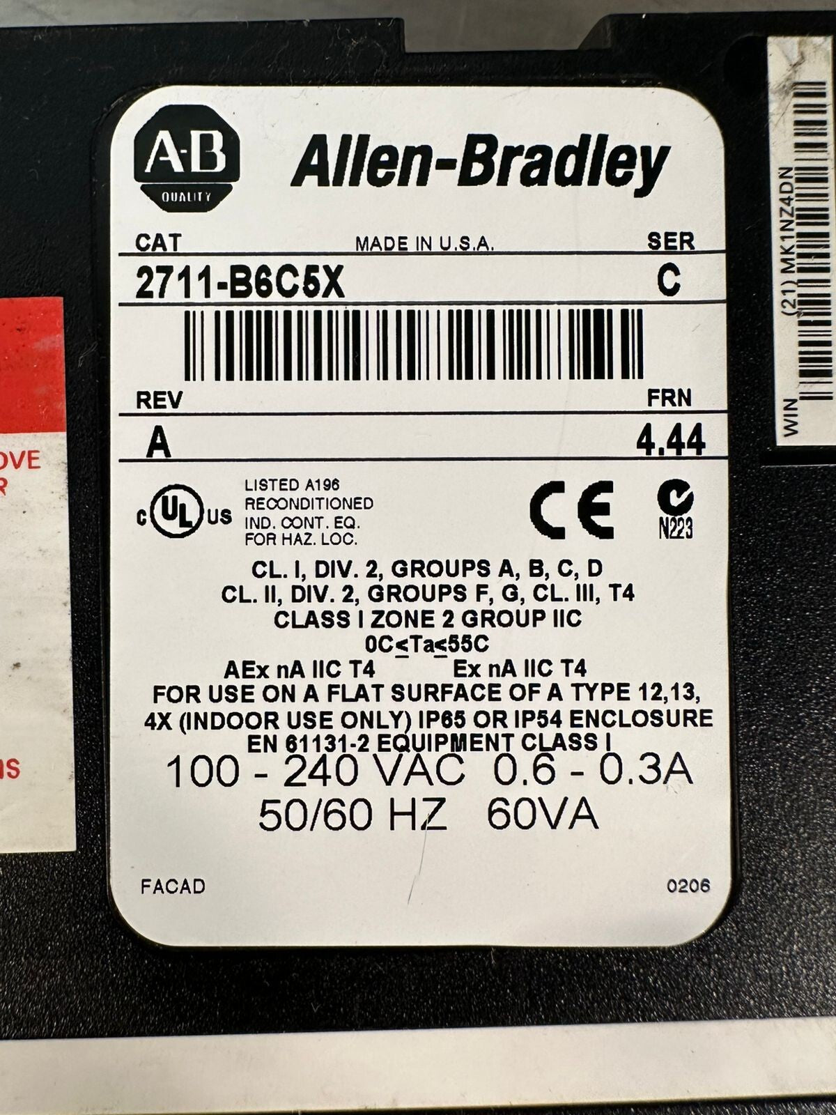Allen Bradley 2711-B6C5X /C Panelview 600 Operator Interface Panel (10.5.2)