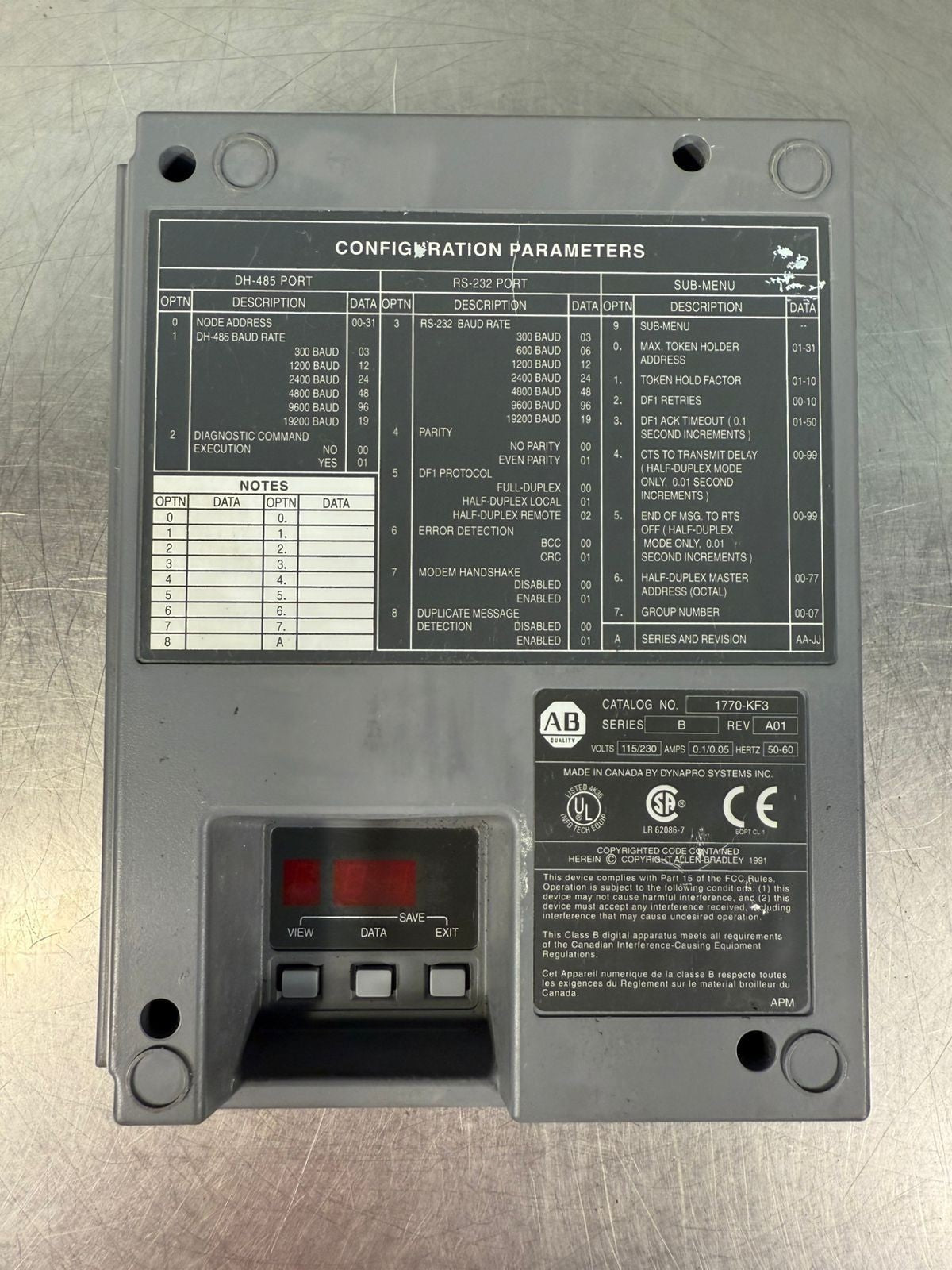 Allen Bradley 1770-KF3 /B Rev.A01 115-230V 0.1/0.05 A Dh-485       (6.3.3)