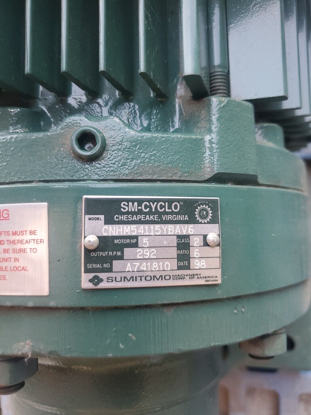 SUMITOMO CNHM54115YBAV6 GEAMOTOR, 5HP, 292RPM.                             1F-34
