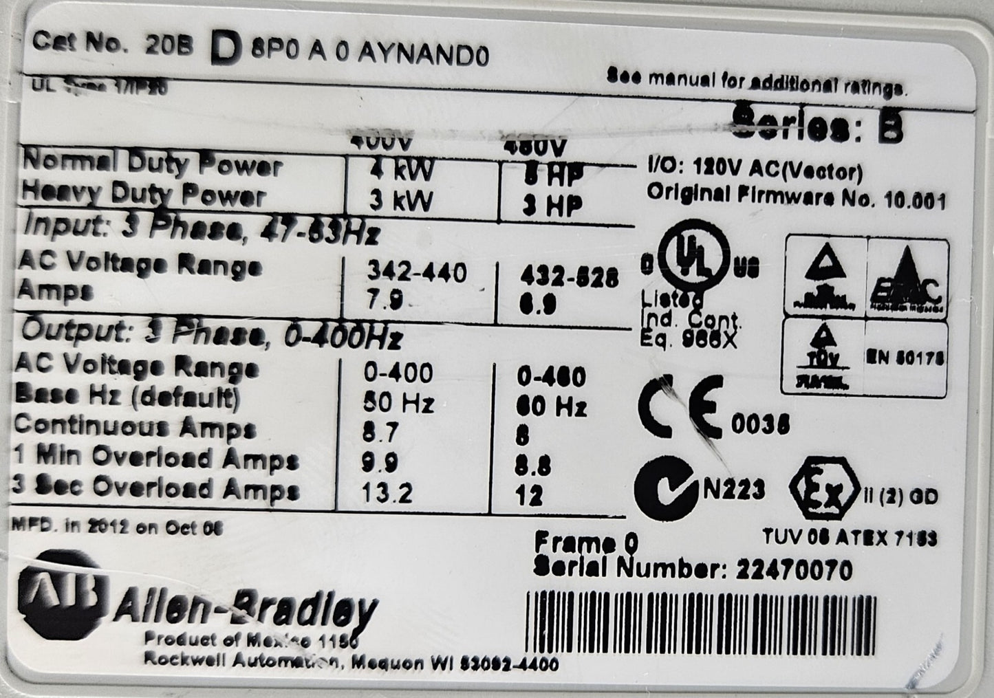 Allen-Bradley 20BD8P0A0AYNAND0 PowerFlex 700 5 HP  480 VAC              (BIN521)