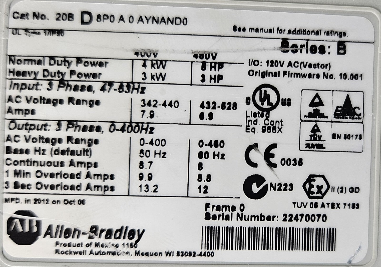 Allen-Bradley 20BD8P0A0AYNAND0 PowerFlex 700 5 HP  480 VAC              (BIN521)